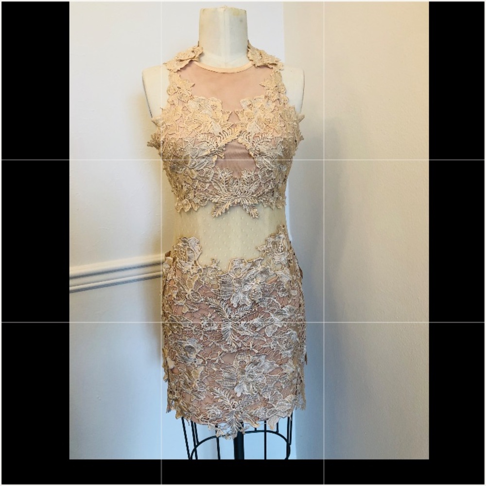 Tan color open back cocktail dress